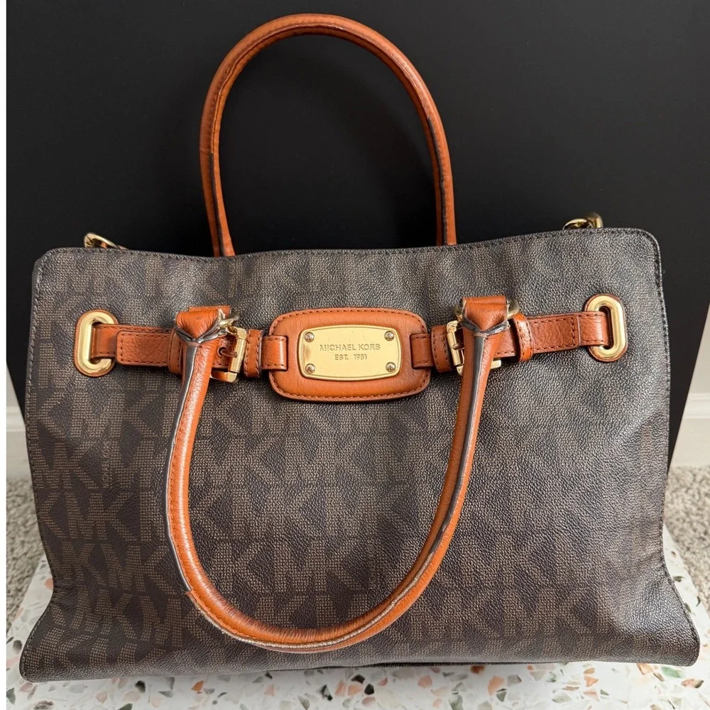 Michael Kors Hamilton Satchel Brown Logo PVC Leather Preppy Classic Tote Bag